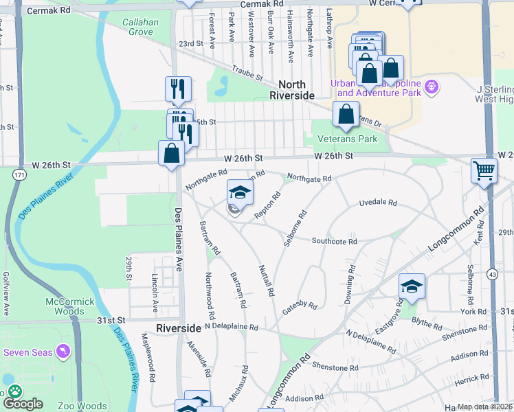 map of restaurants, bars, coffee shops, grocery stores, and more near 422 Repton Road in Riverside