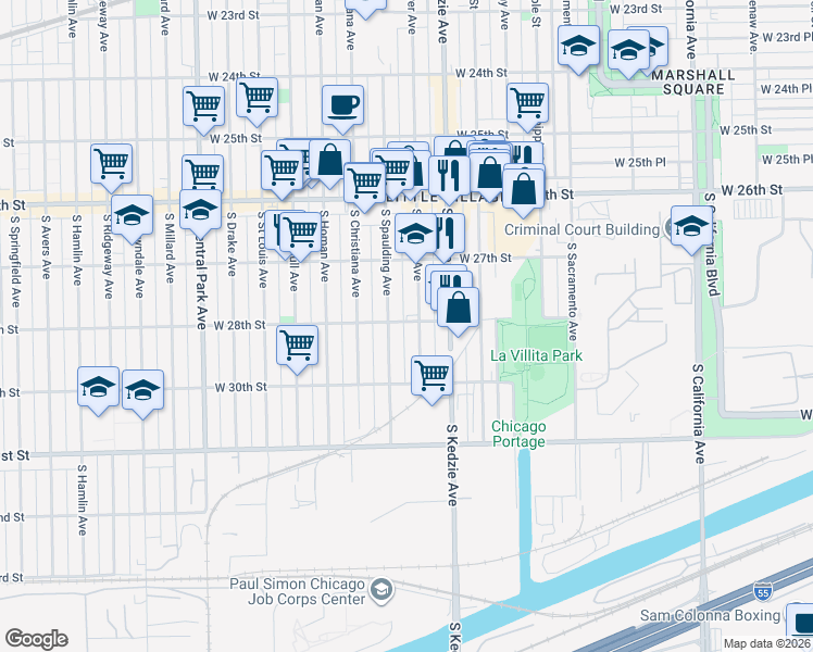 map of restaurants, bars, coffee shops, grocery stores, and more near 3237 West 28th Street in Chicago