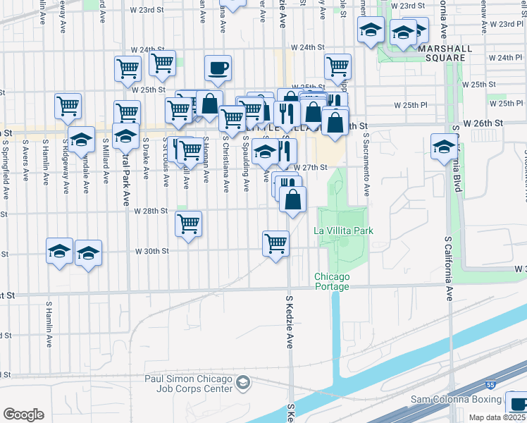 map of restaurants, bars, coffee shops, grocery stores, and more near 2800 South Sawyer Avenue in Chicago