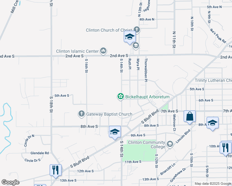 map of restaurants, bars, coffee shops, grocery stores, and more near 340 South 14th Street in Clinton