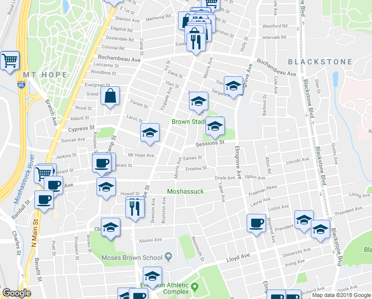 map of restaurants, bars, coffee shops, grocery stores, and more near 3 Sessions Street in Providence