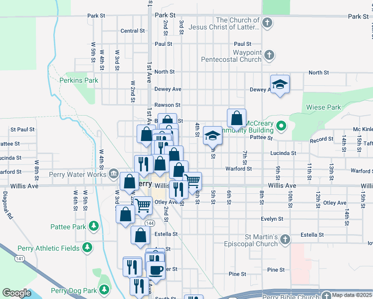 map of restaurants, bars, coffee shops, grocery stores, and more near 1312 3rd Street in Perry