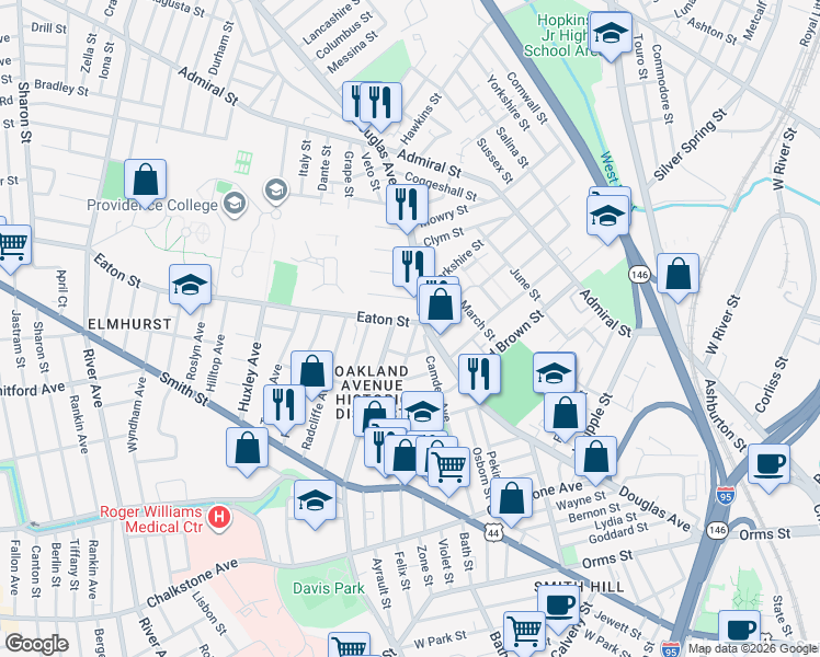 map of restaurants, bars, coffee shops, grocery stores, and more near 8 Eaton Street in Providence