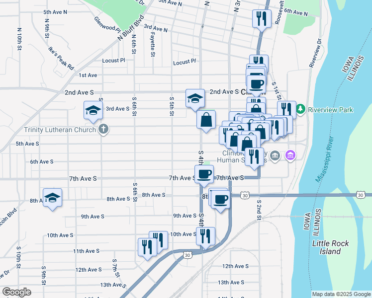 map of restaurants, bars, coffee shops, grocery stores, and more near 431 5th Avenue South in Clinton