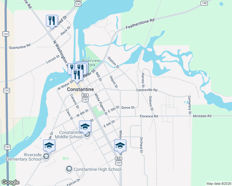 map of restaurants, bars, coffee shops, grocery stores, and more near 380 Centreville Street in Constantine