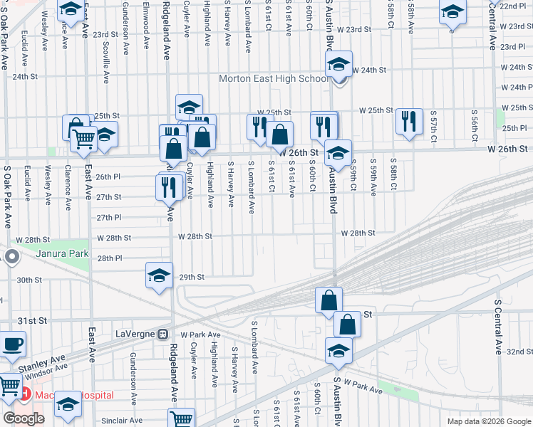 map of restaurants, bars, coffee shops, grocery stores, and more near 2714 South 61st Court in Cicero