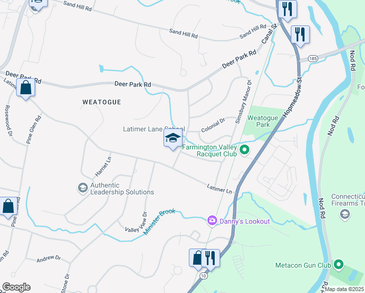 map of restaurants, bars, coffee shops, grocery stores, and more near 33 Mountain View Drive in Simsbury