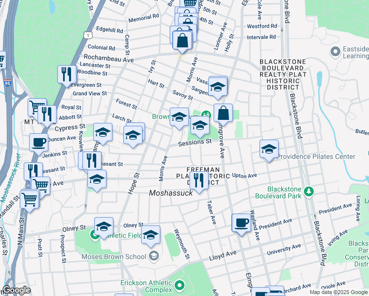 map of restaurants, bars, coffee shops, grocery stores, and more near 43 Sessions Street in Providence