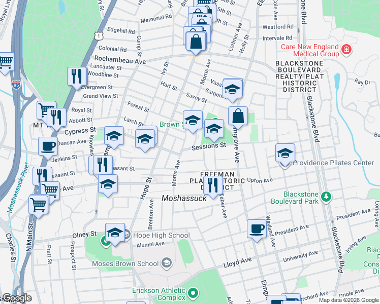 map of restaurants, bars, coffee shops, grocery stores, and more near 295 Morris Avenue in Providence