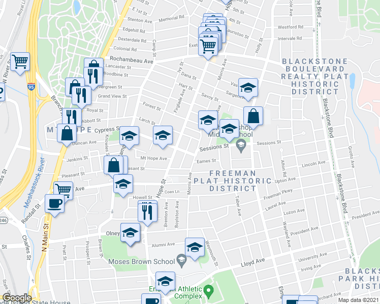 map of restaurants, bars, coffee shops, grocery stores, and more near 244 Cypress Street in Providence