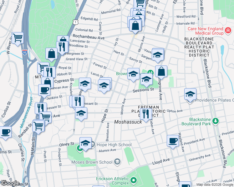 map of restaurants, bars, coffee shops, grocery stores, and more near 244 Cypress Street in Providence