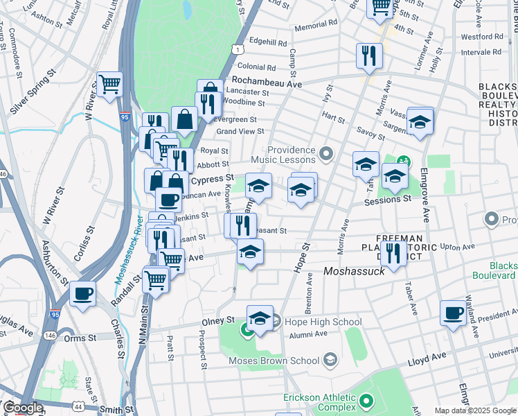 map of restaurants, bars, coffee shops, grocery stores, and more near 121 Camp Street in Providence