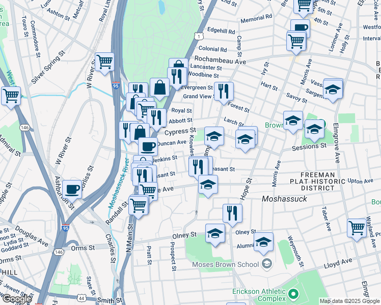 map of restaurants, bars, coffee shops, grocery stores, and more near 43 Knowles Street in Providence