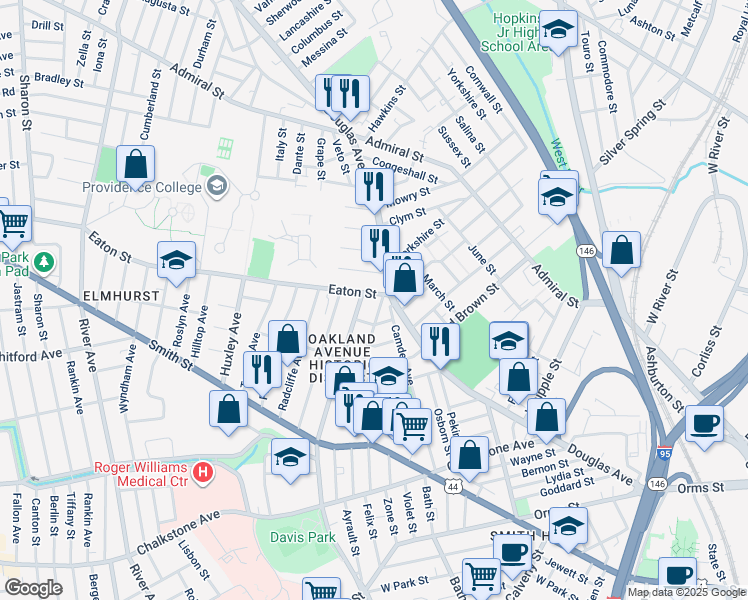 map of restaurants, bars, coffee shops, grocery stores, and more near 29 Eaton Street in Providence