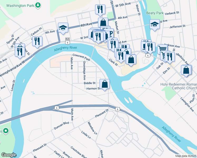 map of restaurants, bars, coffee shops, grocery stores, and more near 213 Oneida Avenue in Warren
