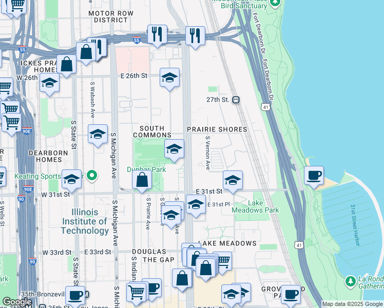 map of restaurants, bars, coffee shops, grocery stores, and more near 2914 South Vernon Avenue in Chicago