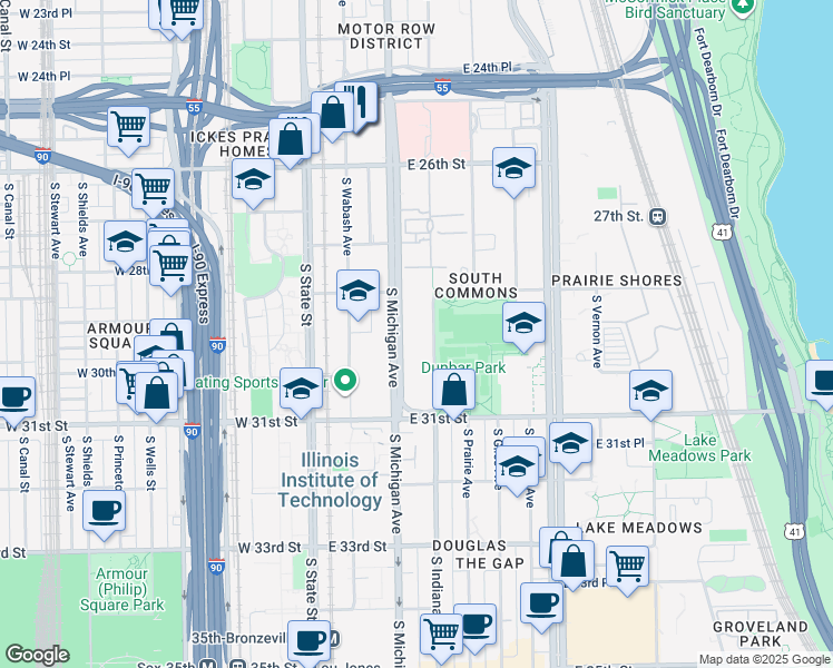 map of restaurants, bars, coffee shops, grocery stores, and more near 2941 South Indiana Avenue in Chicago