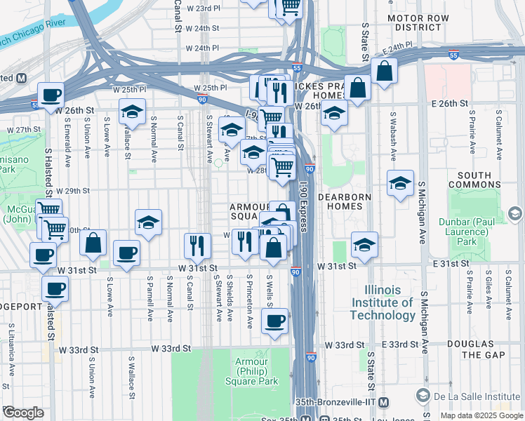 map of restaurants, bars, coffee shops, grocery stores, and more near 2900 South Wells Street in Chicago
