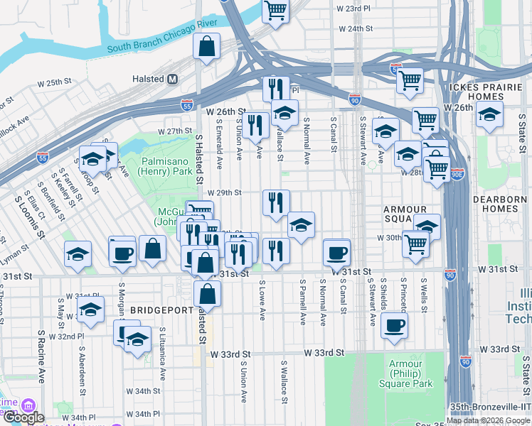 map of restaurants, bars, coffee shops, grocery stores, and more near 2926 South Wallace Street in Chicago