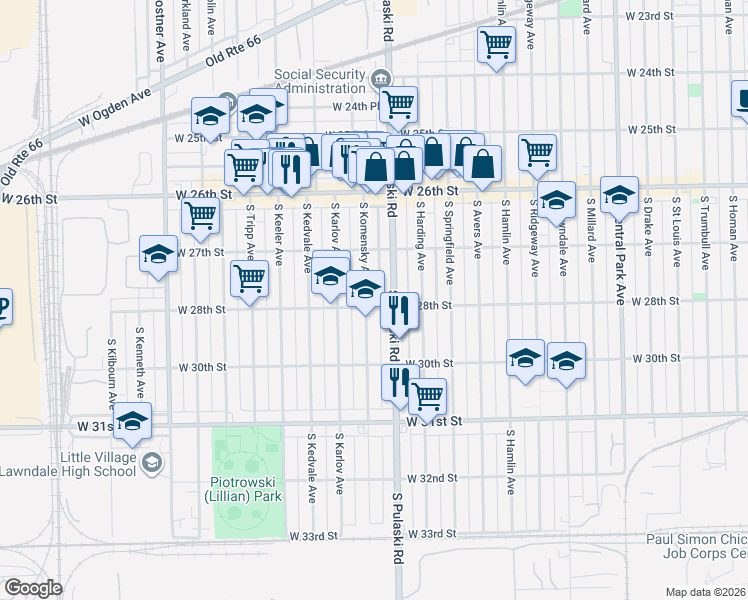 map of restaurants, bars, coffee shops, grocery stores, and more near 2744 South Komensky Avenue in Chicago