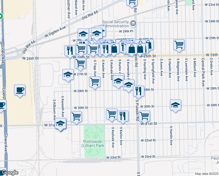 map of restaurants, bars, coffee shops, grocery stores, and more near 2745 South Keeler Avenue in Chicago