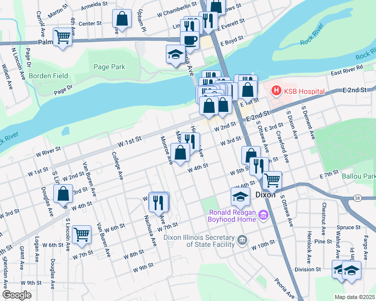 map of restaurants, bars, coffee shops, grocery stores, and more near 214 Madison Avenue in Dixon