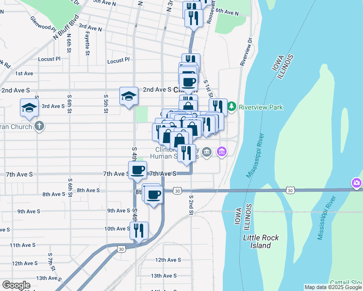 map of restaurants, bars, coffee shops, grocery stores, and more near 211 5th Avenue South in Clinton