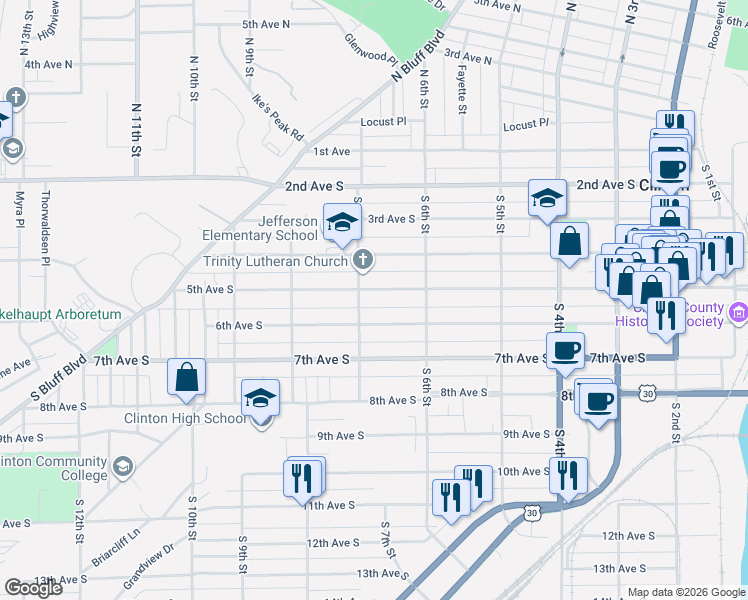 map of restaurants, bars, coffee shops, grocery stores, and more near 601-699 5th Avenue South in Clinton