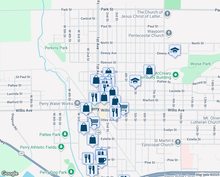 map of restaurants, bars, coffee shops, grocery stores, and more near 1307 2nd Street in Perry