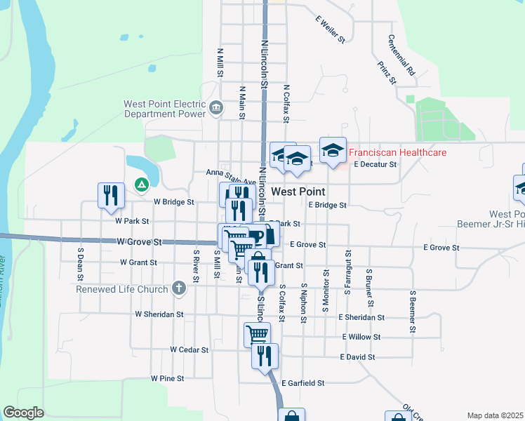 map of restaurants, bars, coffee shops, grocery stores, and more near 139 North Lincoln Street in West Point