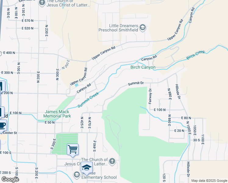 map of restaurants, bars, coffee shops, grocery stores, and more near 215 Summit Drive in Smithfield