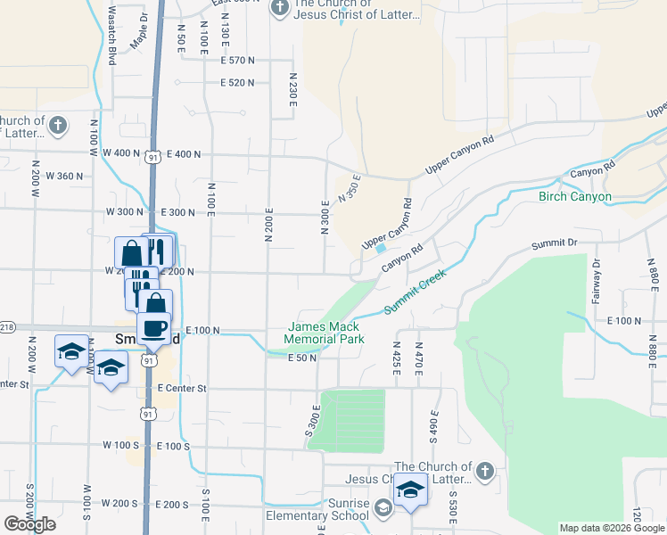 map of restaurants, bars, coffee shops, grocery stores, and more near 325 East 200 North in Smithfield
