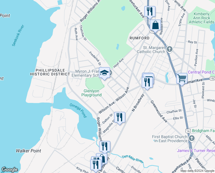 map of restaurants, bars, coffee shops, grocery stores, and more near 54 Horsford Avenue in East Providence