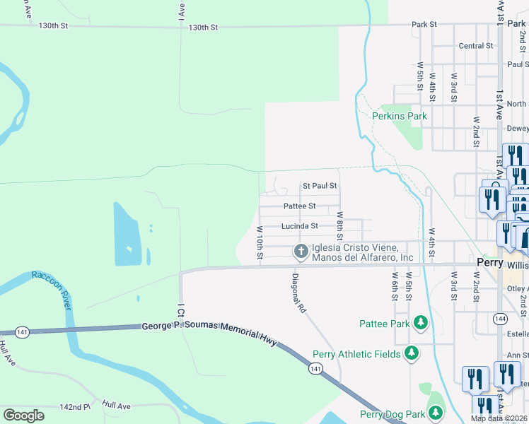 map of restaurants, bars, coffee shops, grocery stores, and more near 205 Pattee Street in Perry
