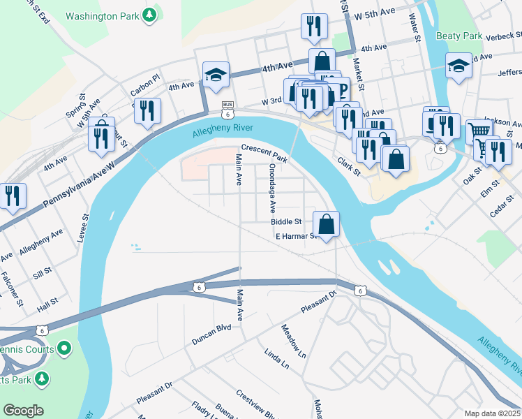 map of restaurants, bars, coffee shops, grocery stores, and more near 205 Seneca Street in Warren