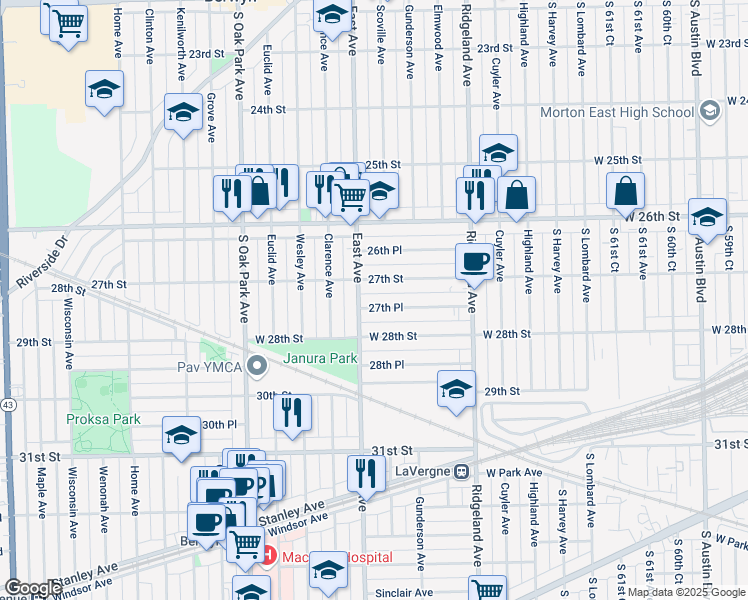 map of restaurants, bars, coffee shops, grocery stores, and more near 6539 27th Place in Berwyn