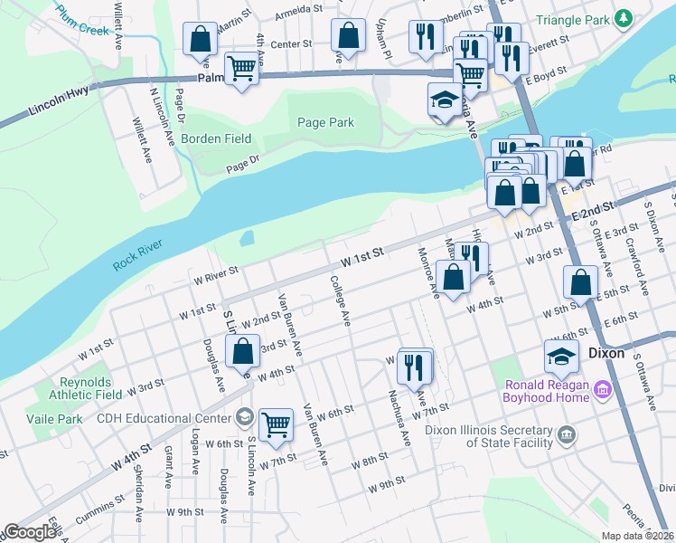 map of restaurants, bars, coffee shops, grocery stores, and more near 920 West 1st Street in Dixon