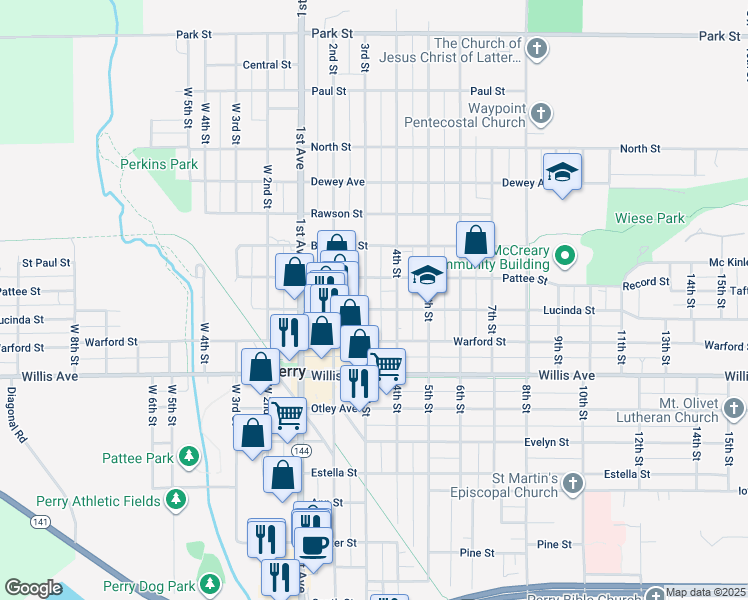 map of restaurants, bars, coffee shops, grocery stores, and more near 1312 3rd Street in Perry