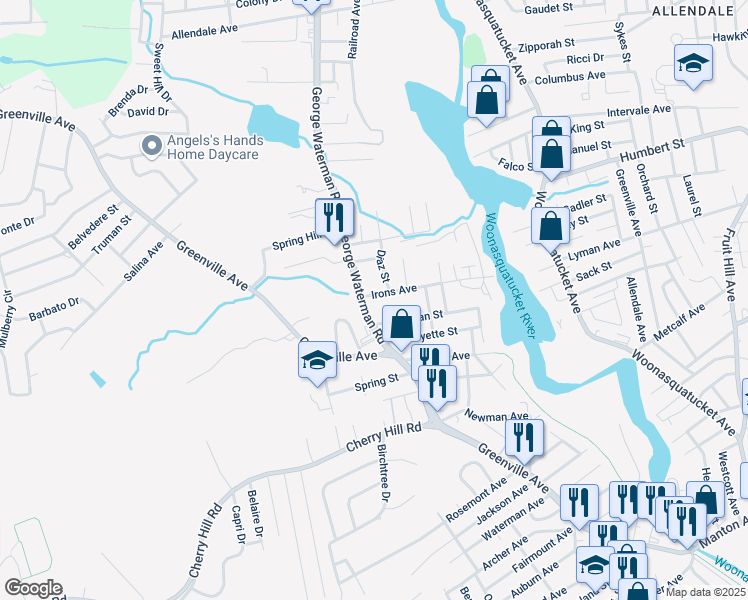 map of restaurants, bars, coffee shops, grocery stores, and more near 7 Irons Avenue in Johnston