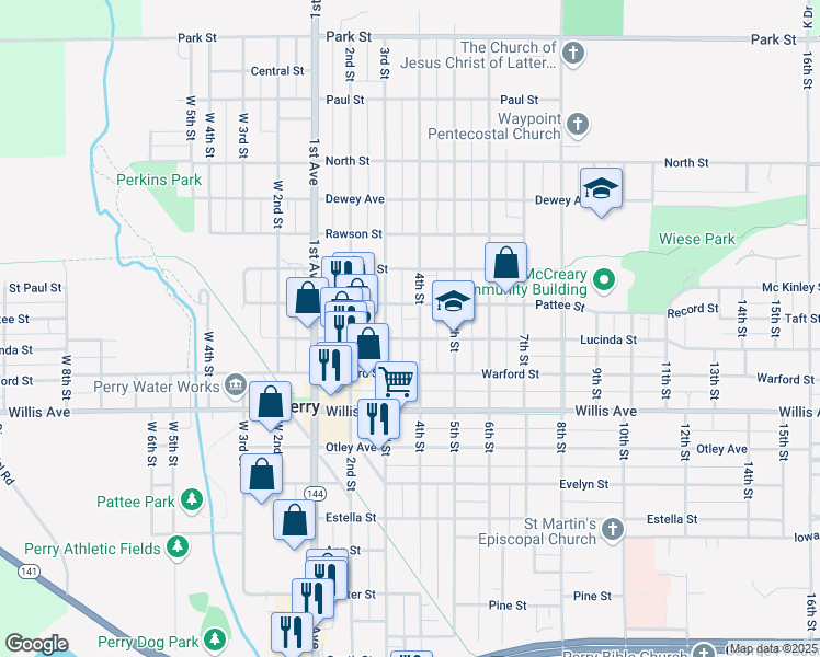 map of restaurants, bars, coffee shops, grocery stores, and more near 1309 4th Street in Perry