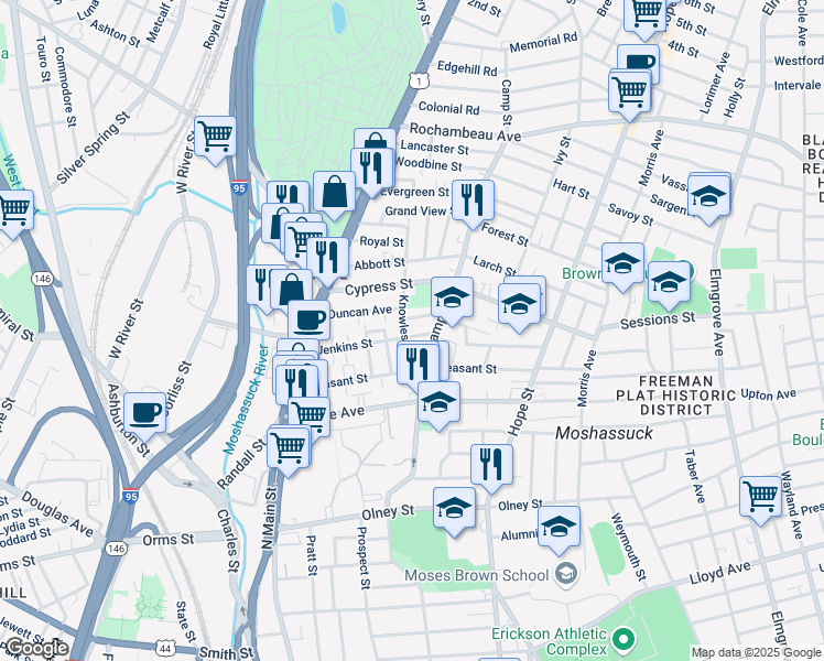 map of restaurants, bars, coffee shops, grocery stores, and more near 116 Jenkins Street in Providence