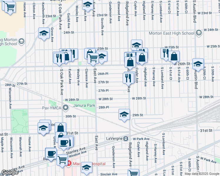 map of restaurants, bars, coffee shops, grocery stores, and more near 6501 27th Pl in Berwyn