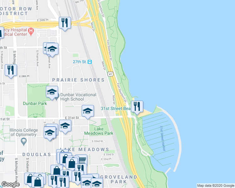 map of restaurants, bars, coffee shops, grocery stores, and more near 3500 South Lake Shore Drive in Chicago