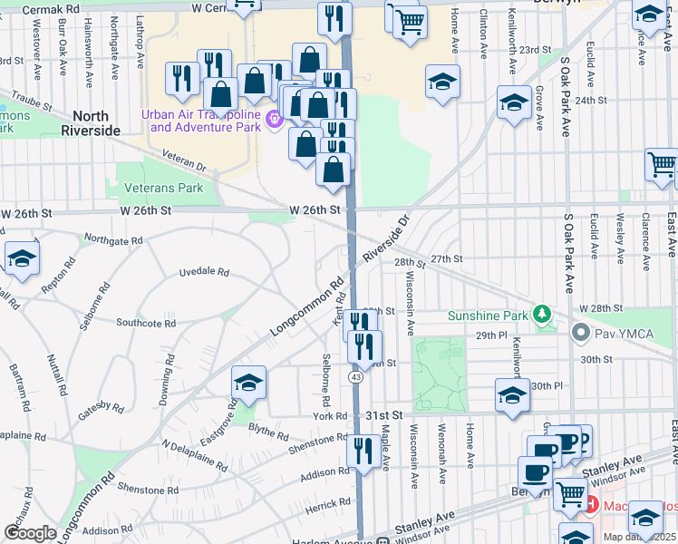 map of restaurants, bars, coffee shops, grocery stores, and more near 534 Longcommon Road in Riverside