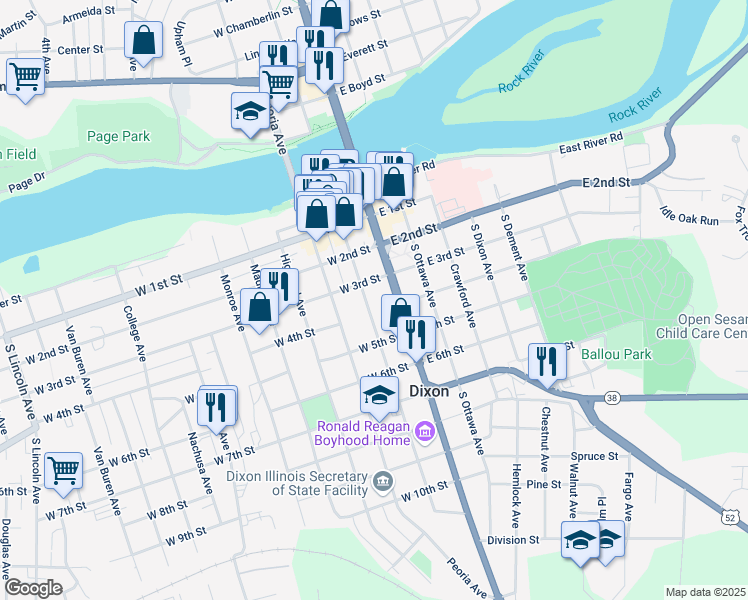 map of restaurants, bars, coffee shops, grocery stores, and more near 316 South Hennepin Avenue in Dixon