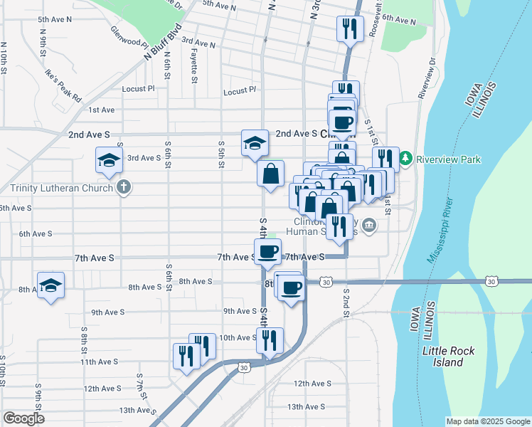 map of restaurants, bars, coffee shops, grocery stores, and more near 349 5th Avenue South in Clinton