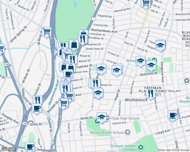 map of restaurants, bars, coffee shops, grocery stores, and more near 43 Knowles Street in Providence