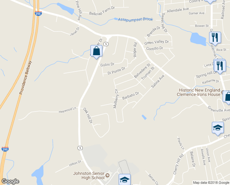 map of restaurants, bars, coffee shops, grocery stores, and more near 29 1/2 Mulberry Circle in Johnston