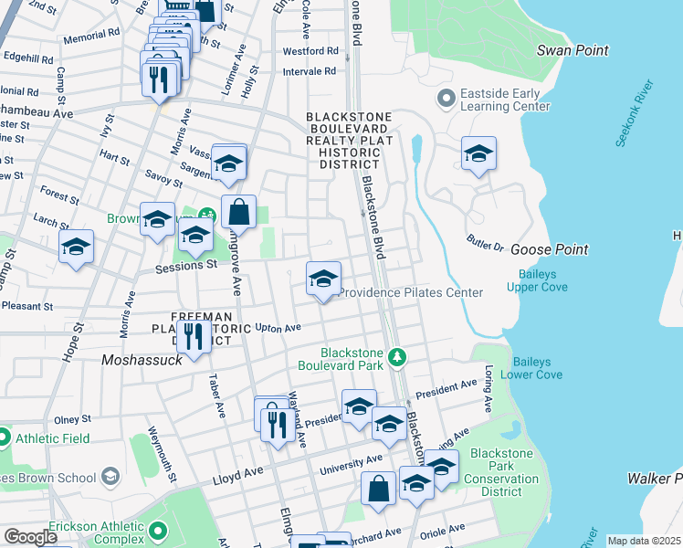 map of restaurants, bars, coffee shops, grocery stores, and more near 23 Mount Avenue in Providence