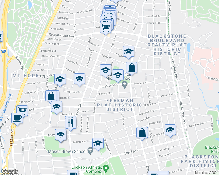 map of restaurants, bars, coffee shops, grocery stores, and more near 43 Sessions Street in Providence
